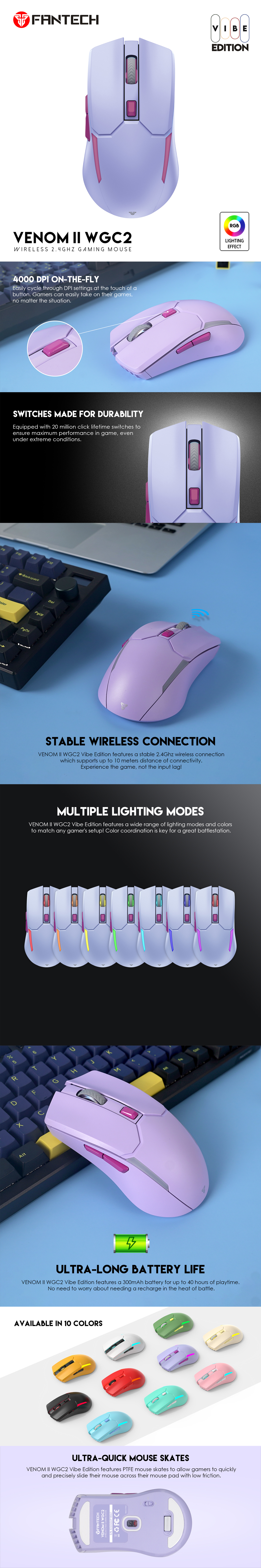 A large marketing image providing additional information about the product Fantech VENOM II WGC2 Wireless Gaming Mouse - Purple - Additional alt info not provided